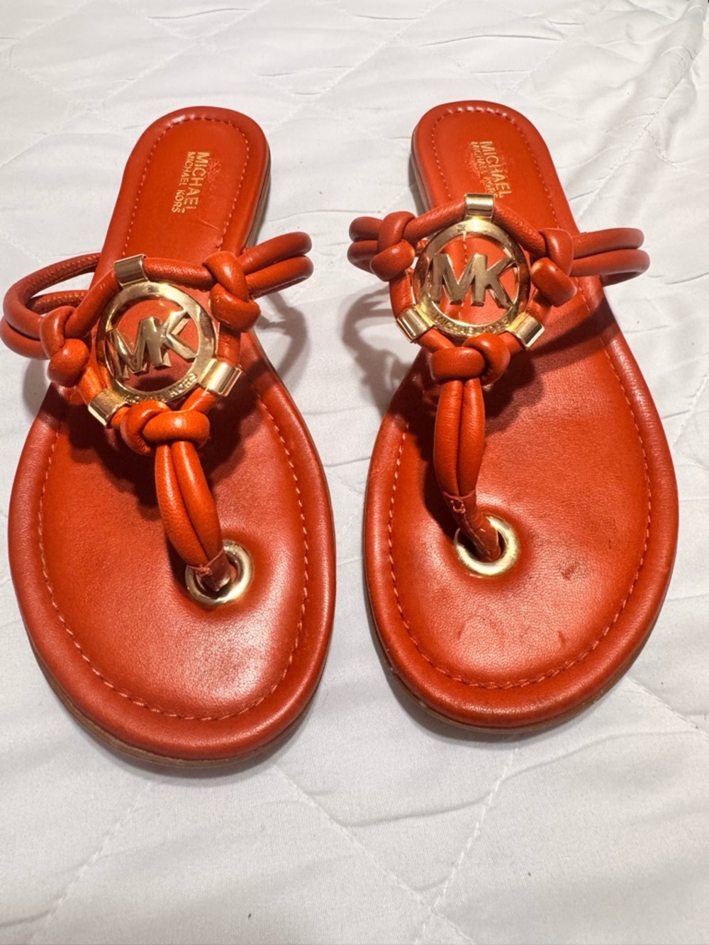 Michael Kors Orange Leather MK Emblem Knot Thong Sandals women’s size 6